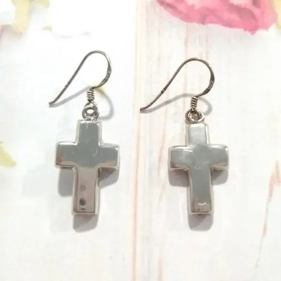 P 925 Sterling Silver Cross Dangle Drop Earrings Hook Signed Jewelry Lot - Picture 2 of 8